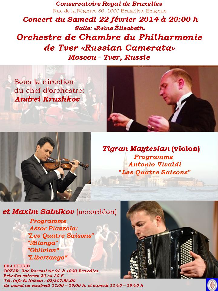 Affiche. Conservatoire Royal. Orchestre de chambre de la Philharmonie de Tsver « Russian Camerata » FR. 2014-02-22